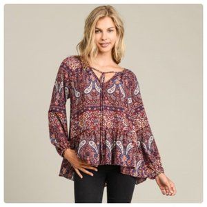 Wine Paisley Peplum Top